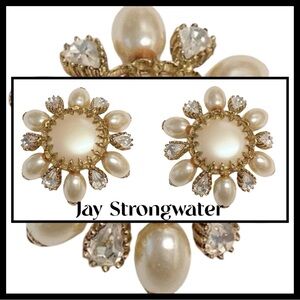 Vintage JAY STRONGWATER Large Faux Pearl Rhinestone Clip-on Earrings